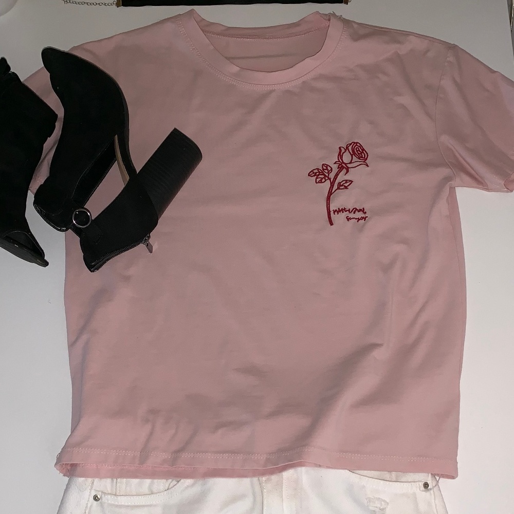 Pastel Pink T-Shirt with Rose